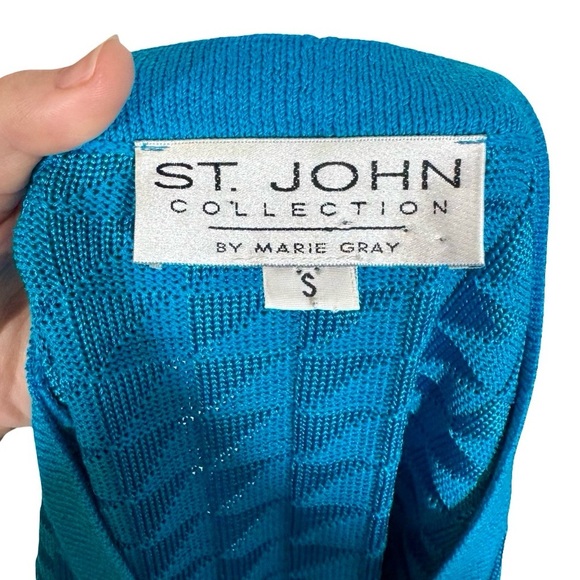 St. John Collection Textured Triangle Long Cardigan Sweater Jacket in Turquoise - Picture 6 of 7